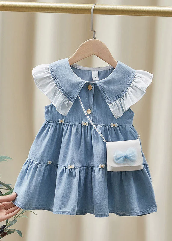 Beautiful Blue Ruffled Patchwork Denim Kids Girls Long Dress Summer Floral Print girly Beautiful Blue Ruffled Patchwork Denim Kids Girls Long Dress Summer Floral Print girly