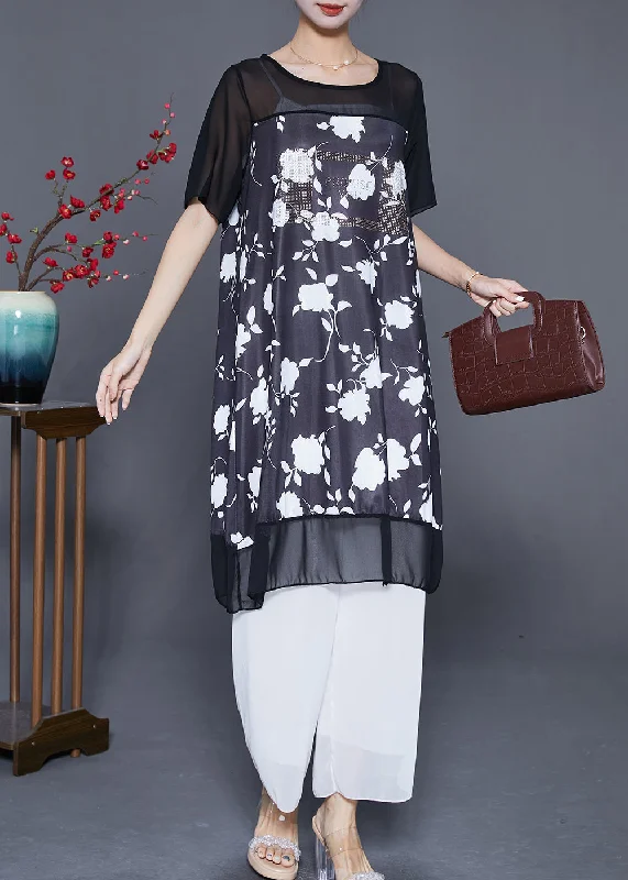 Black Patchwork Chiffon Long Dresses Letter Zircon Print Summer Tunics Party sparkling