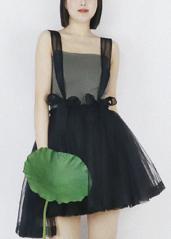 Black Tulle Strap Short Dress Solid Color Elastic Waist Summer Crew Neckline Sporty