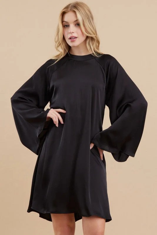 Midnight Wishes Black Satin Dress Bodycon Club Sequined