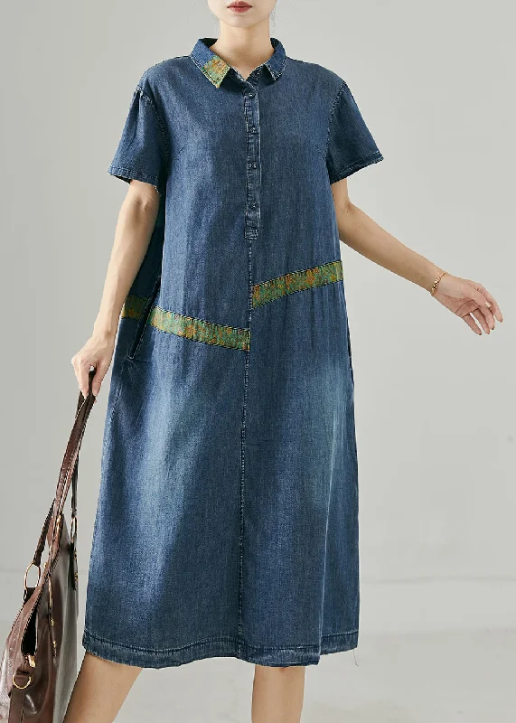 Blue Patchwork Denim Long Dresses Oversized Summer Tunics Ceremony elegant