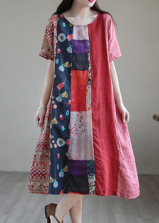 Bohemian Red Loose Patchwork Linen Fall Short Sleeve Long Dresses Pencil Office Professional Bohemian Red Loose Patchwork Linen Fall Short Sleeve Long Dresses Pencil Office Professional