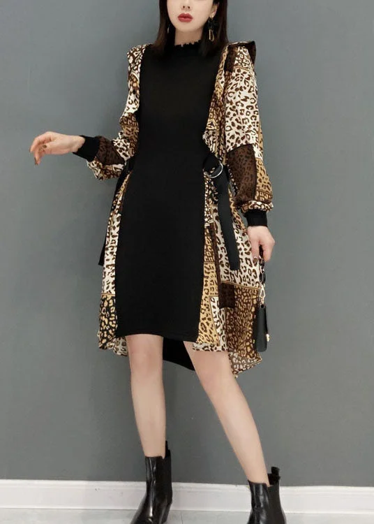 Boho Leopard print tie waist Patchwork Chiffon Dresses Spring Tunics Vintage classic Boho Leopard print tie waist Patchwork Chiffon Dresses Spring Tunics Vintage classic