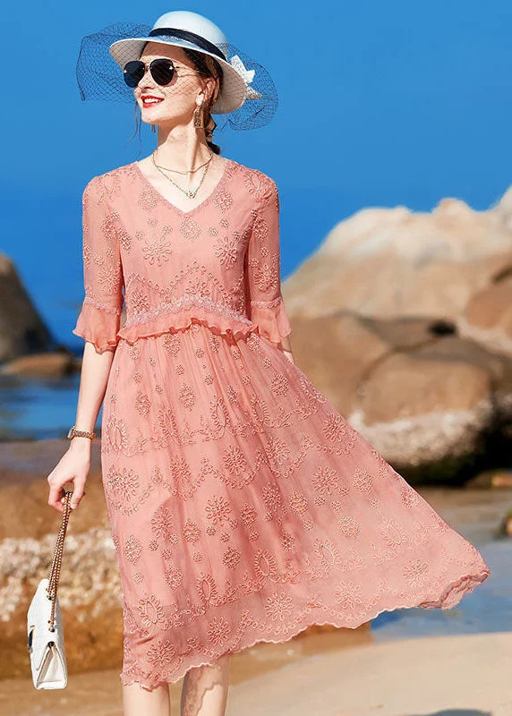 Boutique Pink V Neck Embroideried Ruffles Silk Long Dress Half Sleeve Boatneck Modish Everyday Boutique Pink V Neck Embroideried Ruffles Silk Long Dress Half Sleeve Boatneck Modish Everyday