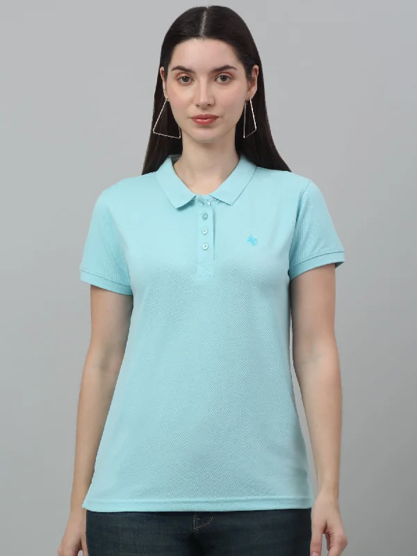 Women's Casual Regular Short Sleeve Aqua Polo neck T-Shirt Chenille Blend Fleece Blend Nylon Blend Women's Casual Regular Short Sleeve Aqua Polo neck T-Shirt Chenille Blend Fleece Blend Nylon Blend