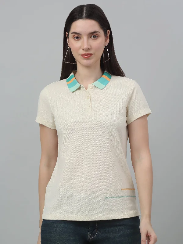 Women's Casual Regular Short Sleeve Beige Polo neck Contrast stitch detail on the sides T-Shirt Solid Print Embellished Women's Casual Regular Short Sleeve Beige Polo neck Contrast stitch detail on the sides T-Shirt Solid Print Embellished