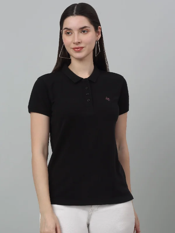 Women's Casual Regular Short Sleeve Black Polo neck T-Shirt Ribbed Striped Patterned Women's Casual Regular Short Sleeve Black Polo neck T-Shirt Ribbed Striped Patterned