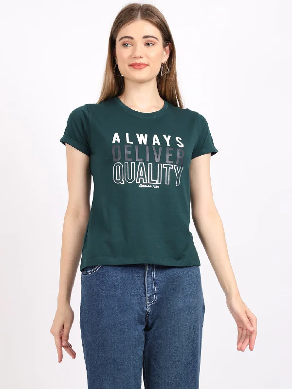 Women's Casual Regular Short Sleeve Bottle Green Round neck Typographic Print T-Shirt Graphic Embroidered Appliqued Women's Casual Regular Short Sleeve Bottle Green Round neck Typographic Print T-Shirt Graphic Embroidered Appliqued