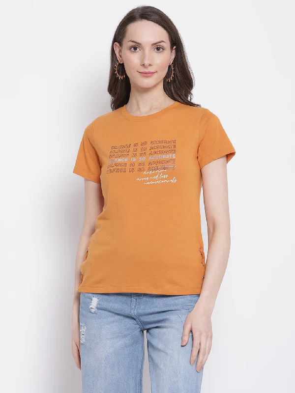 Women's Casual Regular Short Sleeve Mustard Round neck Typographic Print T-Shirt Mesh Blend Leather Blend Suede Blend Women's Casual Regular Short Sleeve Mustard Round neck Typographic Print T-Shirt Mesh Blend Leather Blend Suede Blend