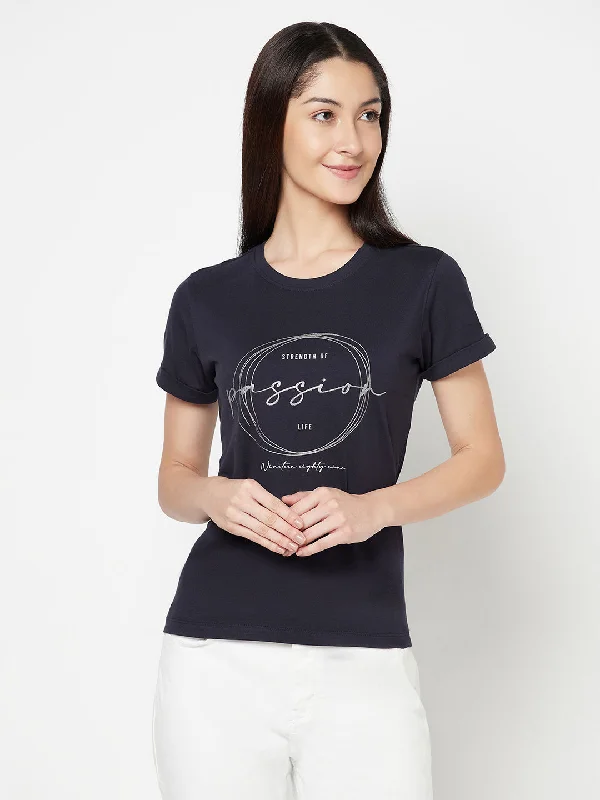 Women's Casual Regular Short Sleeve Navy Blue Round neck Graphic Print T-Shirt Hooded Caped Shawl Collar