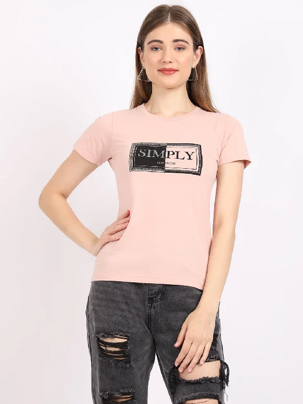 Women's Casual Regular Short Sleeve Peach Round neck Typographic Print T-Shirt Front Pockets Side Pockets Patch Pockets Women's Casual Regular Short Sleeve Peach Round neck Typographic Print T-Shirt Front Pockets Side Pockets Patch Pockets