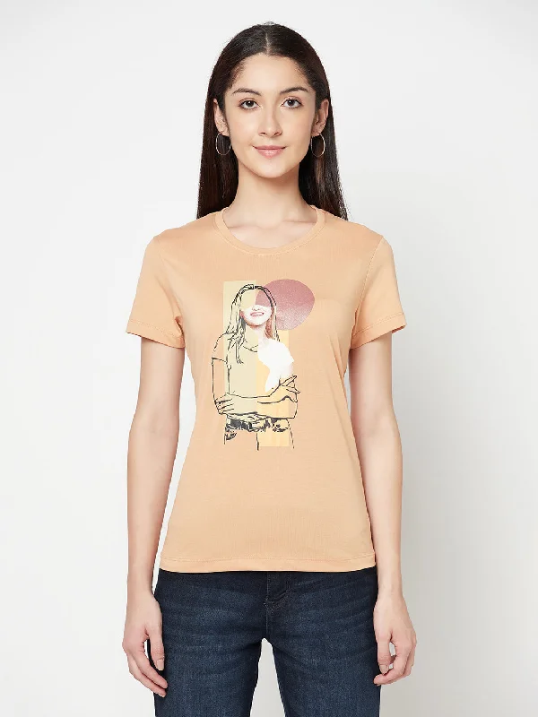 Women's Casual Regular Short Sleeve Peach Round neck Graphic Print T-Shirt Terry Blend Velvet Blend Canvas Blend Women's Casual Regular Short Sleeve Peach Round neck Graphic Print T-Shirt Terry Blend Velvet Blend Canvas Blend