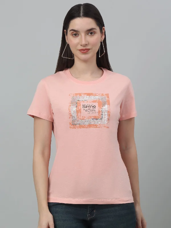 Women's Pink Printed Sequence Work Round Neck Casual T-shirt For Summer Sequined Glittery Shiny Women's Pink Printed Sequence Work Round Neck Casual T-shirt For Summer Sequined Glittery Shiny