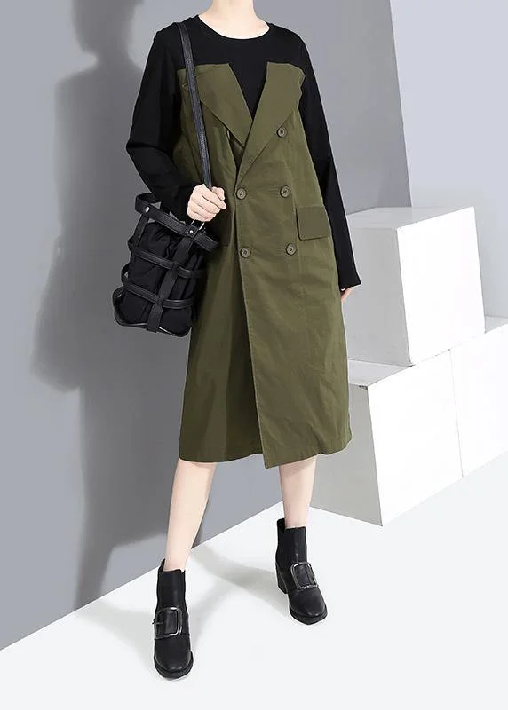 Chic green cotton dresses tie waist Plus Size patchwork Dress Tunics Satin smooth