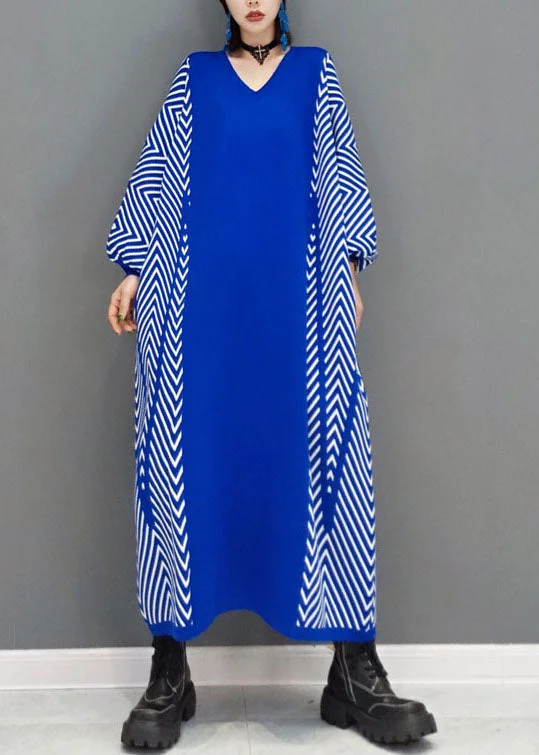Classy Blue Striped Knit Long Dresses Spring Tunics Practical easy-care