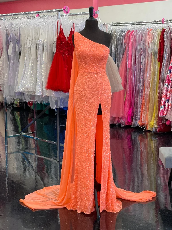 Ashley Lauren 11371 Size 6 Coral One Shoulder Prom Dress fully sequence with shoulder cape Casual Short Summer Ashley Lauren 11371 Size 6 Coral One Shoulder Prom Dress fully sequence with shoulder cape Casual Short Summer