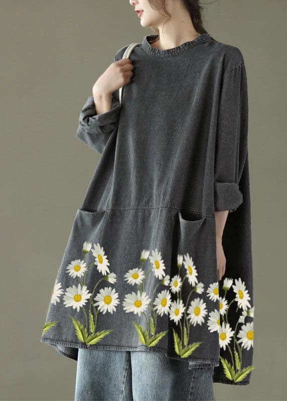 Boho Black Grey-yellow flower O-Neck Pockets Denim Long Dresses Long Sleeve Elegant Long Evening