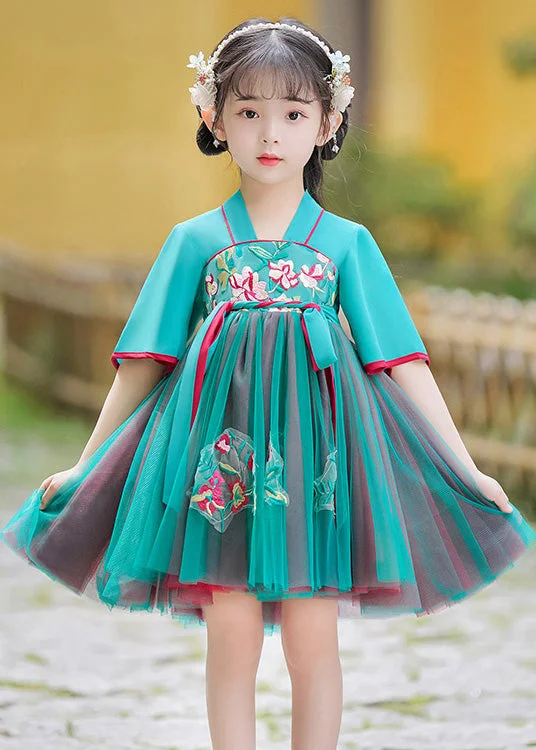 Cute Green Embroideried Tie Waist Tulle Girls Mid Dress Summer Tunics Fashionable trendy Cute Green Embroideried Tie Waist Tulle Girls Mid Dress Summer Tunics Fashionable trendy