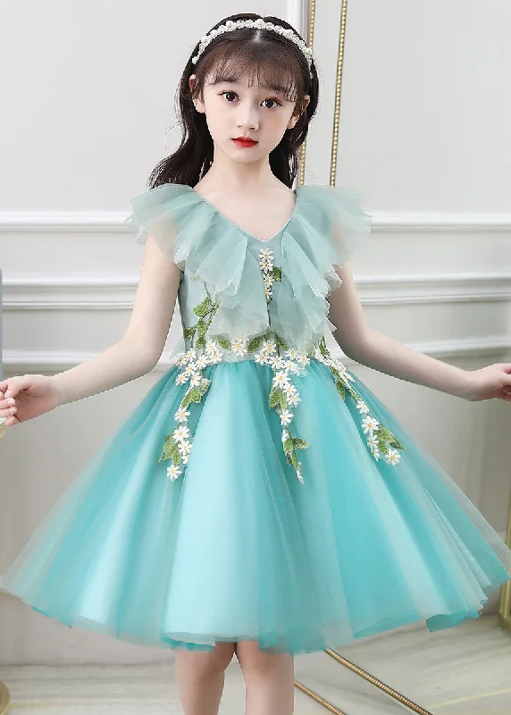 Cute Green Ruffled Embroideried Daisy Tulle Kids Girls Long Dresses Summer Tunics Cozy comfortable