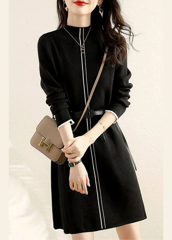 diy Black fashion tie waist Dress Winter Tunics Polka dots