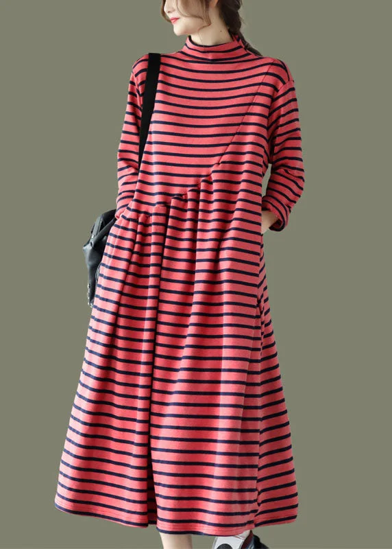 DIY Red Pockets Patchwork Striped Fall Long Dresses Tunics Essential wardrobe