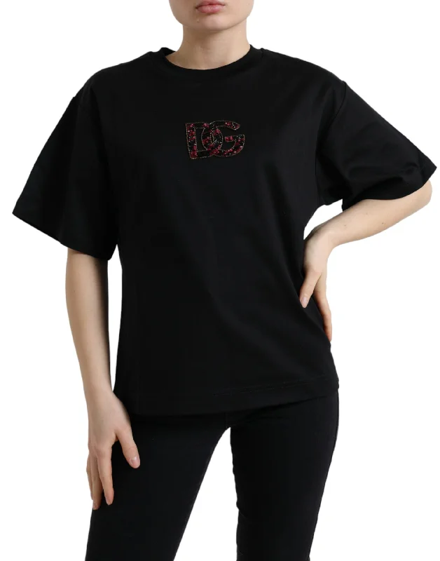 Elegant Black Crystal-Embellished T-Shirt Polka Dot Checkered Tartan