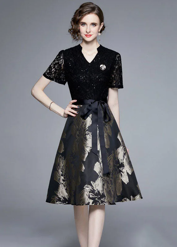 Elegant Black Lace Jacquard Patchwork Tie Waist Silk Mid Dress Summer Tunics Corduroy durable