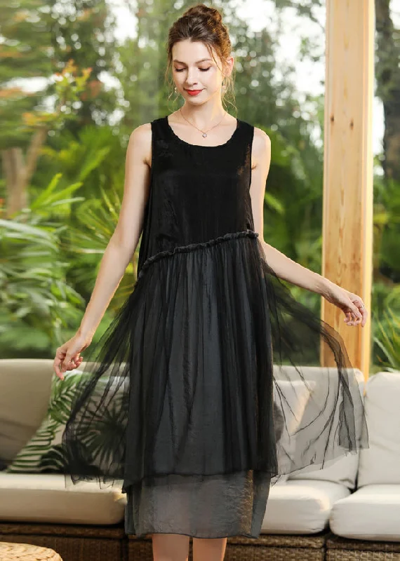 Elegant Black O-Neck Patchwork Tulle Long Dresses Sleeveless Tunics Trendy modern