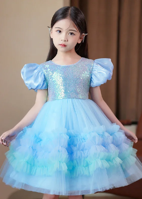 Elegant Blue Ruffled Tulle Kids Girls Long Dress Puff Sleeve Tunics Trendy modern
