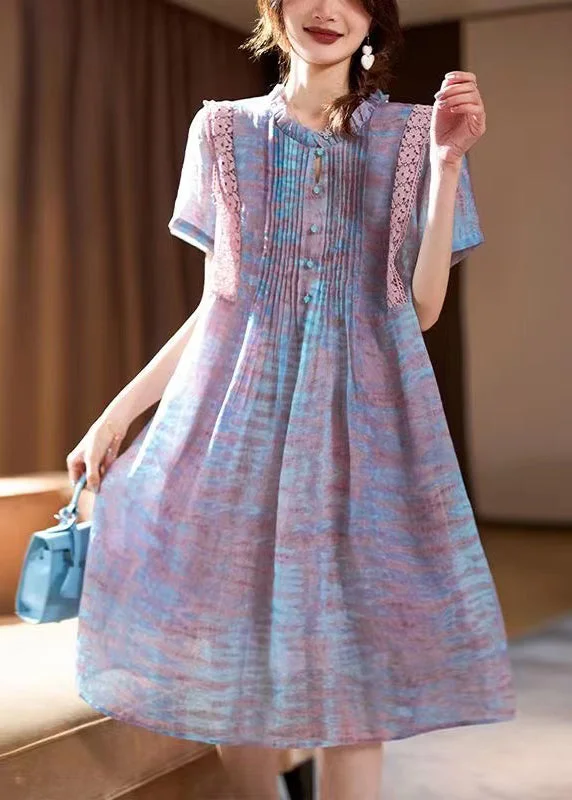 Elegant Pink Ruffled Print Chiffon Long Dress Short Sleeve Tunics Fleece cozy