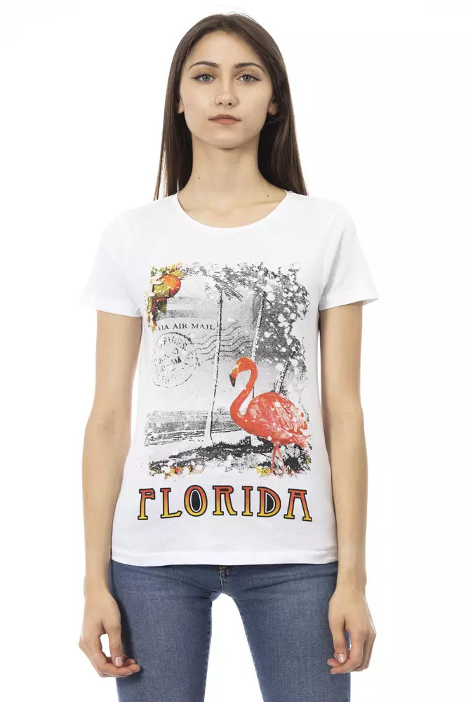 White Cotton Women T-Shirt Solid Color Striped Floral