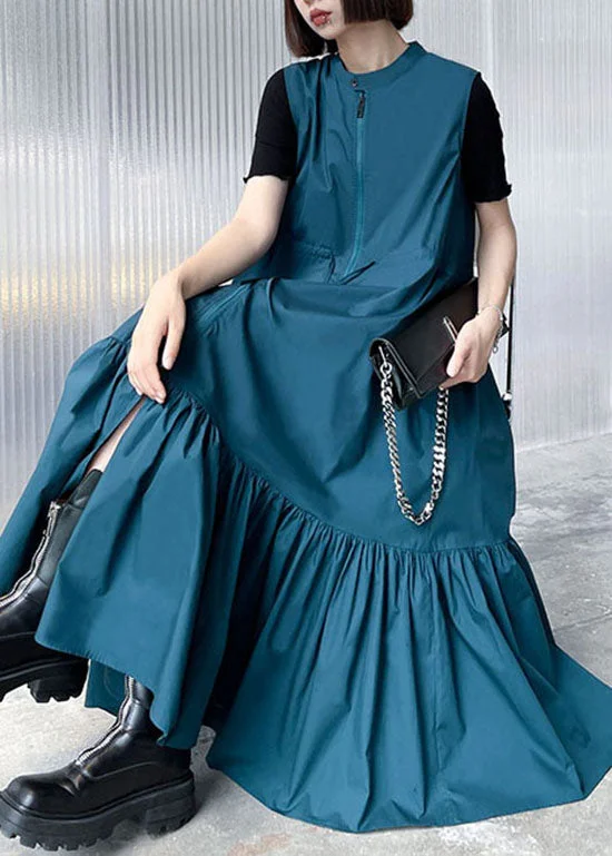 Fashion Blue Stand Collar tie waist Zip Up Mid Dress Spring Tunics Short Trendy
