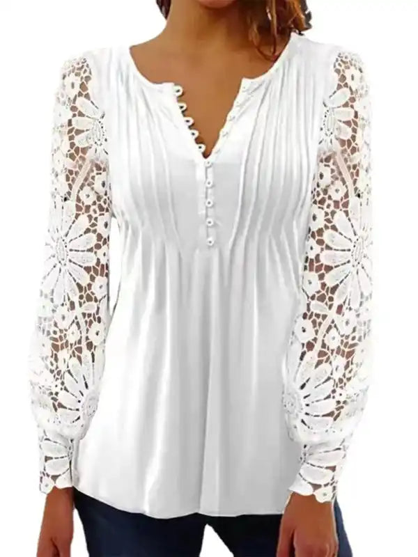 Fashion Women’s Lace Sleeves Pleated Solid Color Button T-shirt Bottoming Shirt Chenille Blend Fleece Blend Nylon Blend Fashion Women’s Lace Sleeves Pleated Solid Color Button T-shirt Bottoming Shirt Chenille Blend Fleece Blend Nylon Blend