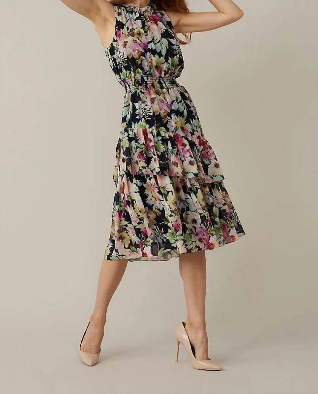 Floral Halter Dress In Midnight Blue/Multi Tunics Bridal satin