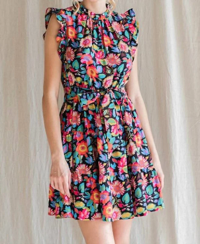 Floral Print Waist Tie Ruffle Dress In Black Mix Tunics Formal black