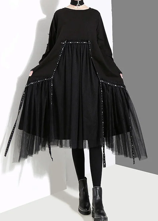 French Black O-Neck Asymmetrical Tulle Patchwork Long Dresses Spring Tunics Summer linen