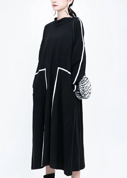 French Black retro Patchwork Fall Long Dresses Long sleeve Tunics Brand named