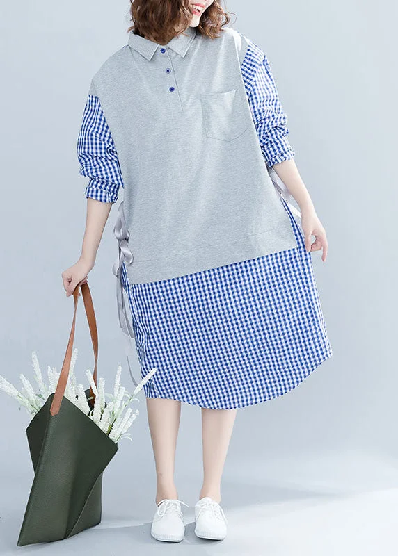 French Blue Plaid Cotton O fashion Tutorials Stand Collar Tie Waist Cotton Summer Dresses Tunics Sophisticated sleek French Blue Plaid Cotton O fashion Tutorials Stand Collar Tie Waist Cotton Summer Dresses Tunics Sophisticated sleek