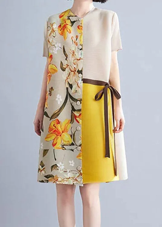 French Khaki O-Neck Print Patchwork Wrinkled Tie Waist Mid Dresses Summer Tunics Sophisticated sleek French Khaki O-Neck Print Patchwork Wrinkled Tie Waist Mid Dresses Summer Tunics Sophisticated sleek