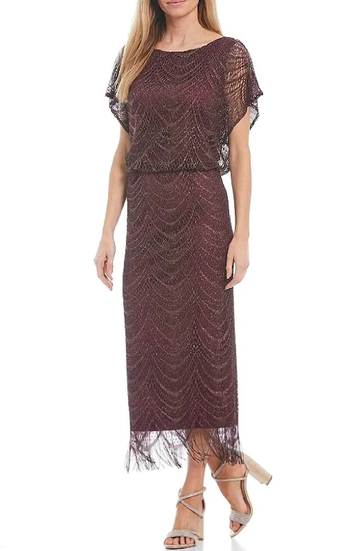 Fringe Hem Crochet Blouson Long Dress In Fig Tunics New arrival