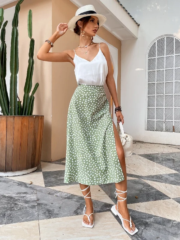 Green Boho Split Thigh Allover Print Women Skirts Elegant Dresses  Slit Long Length High Waist With Zipper Slight Stretch Tunics Print Colorful