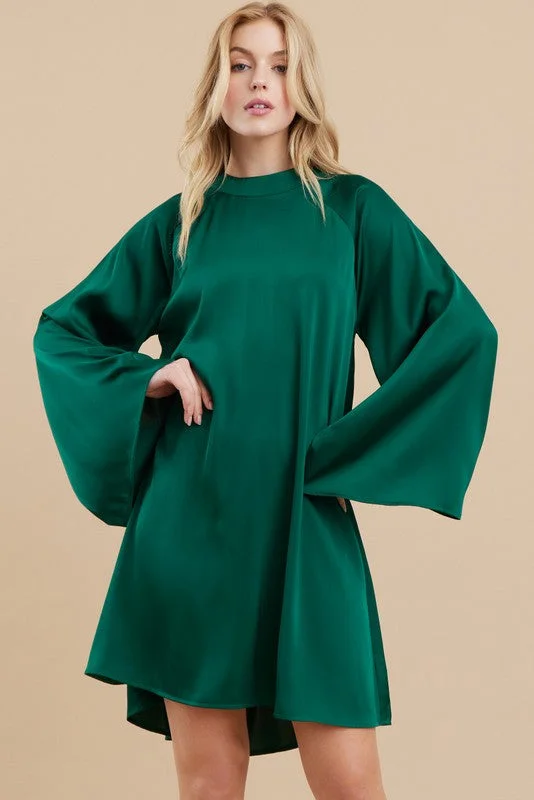 Midnight Wishes Green Satin Dress Maxi Flowy Bohemian
