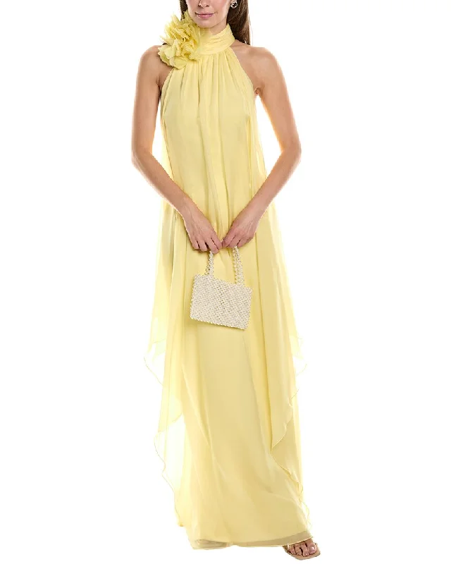 Halston Ginnie Chiffon Cape Gown Square Neckline Feminine