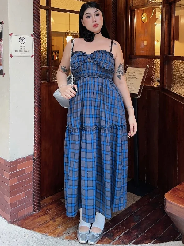 Helia Plus Size Blue Plaid Bandeau Spaghetti Strap Long Dress Tunics Cozy comfortable Helia Plus Size Blue Plaid Bandeau Spaghetti Strap Long Dress Tunics Cozy comfortable