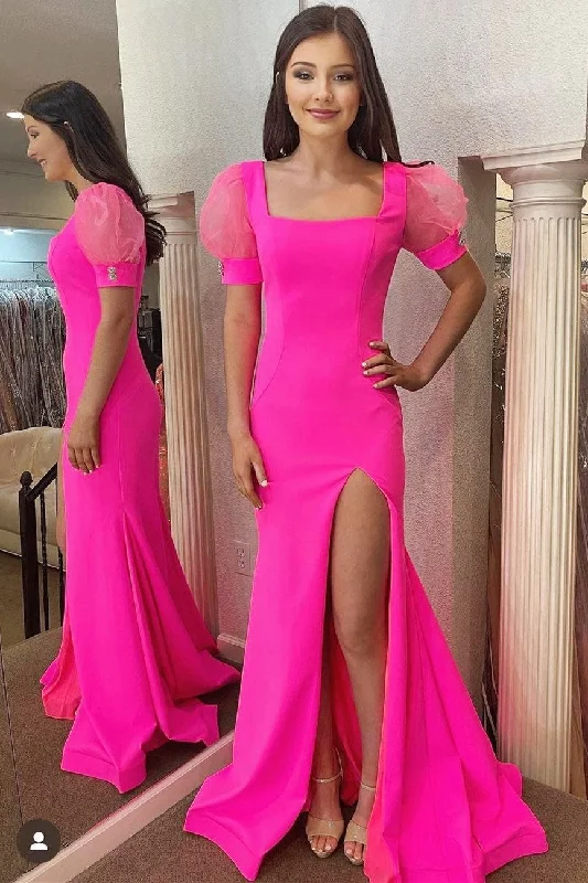 Hot Pink Square Neck Puff Sleeve Mermaid Long Dress with Slit Tunics Fashionable chic Hot Pink Square Neck Puff Sleeve Mermaid Long Dress with Slit Tunics Fashionable chic