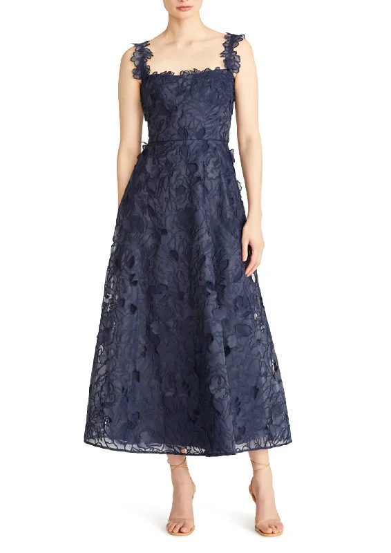 Juliette Organza Long Dress In Sapphire Crew Neckline Casual