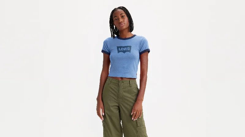 Levi's® Women's Graphic Ringer Mini T-Shirt Notch Collar Peter Pan Collar Cowl Neck