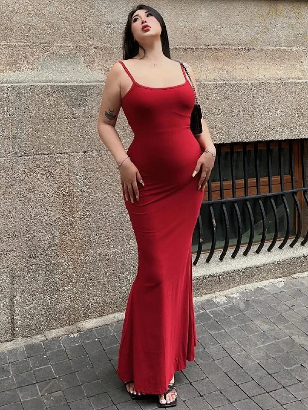 Lilian Plus Size Solid Color Spaghetti Strap Casual Slim Square Neck Fishtail Summer Long Dress Tunics Practical durable Lilian Plus Size Solid Color Spaghetti Strap Casual Slim Square Neck Fishtail Summer Long Dress Tunics Practical durable