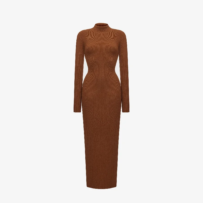 LONG DRESS IN PECANT BROWN  RIBBED CASHMERE Tunics Travel practical