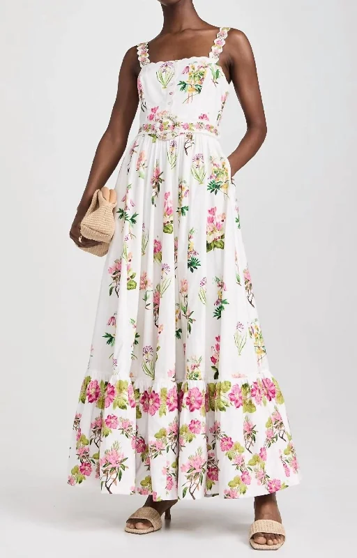 Long Dress With Buckle Belt In White Floral Tunics Sale discount